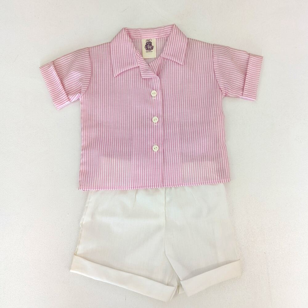 Vintage Clowns Inc Outfit Baby Girls Sz 6-9m Pink Stripe Button Down Shorts
